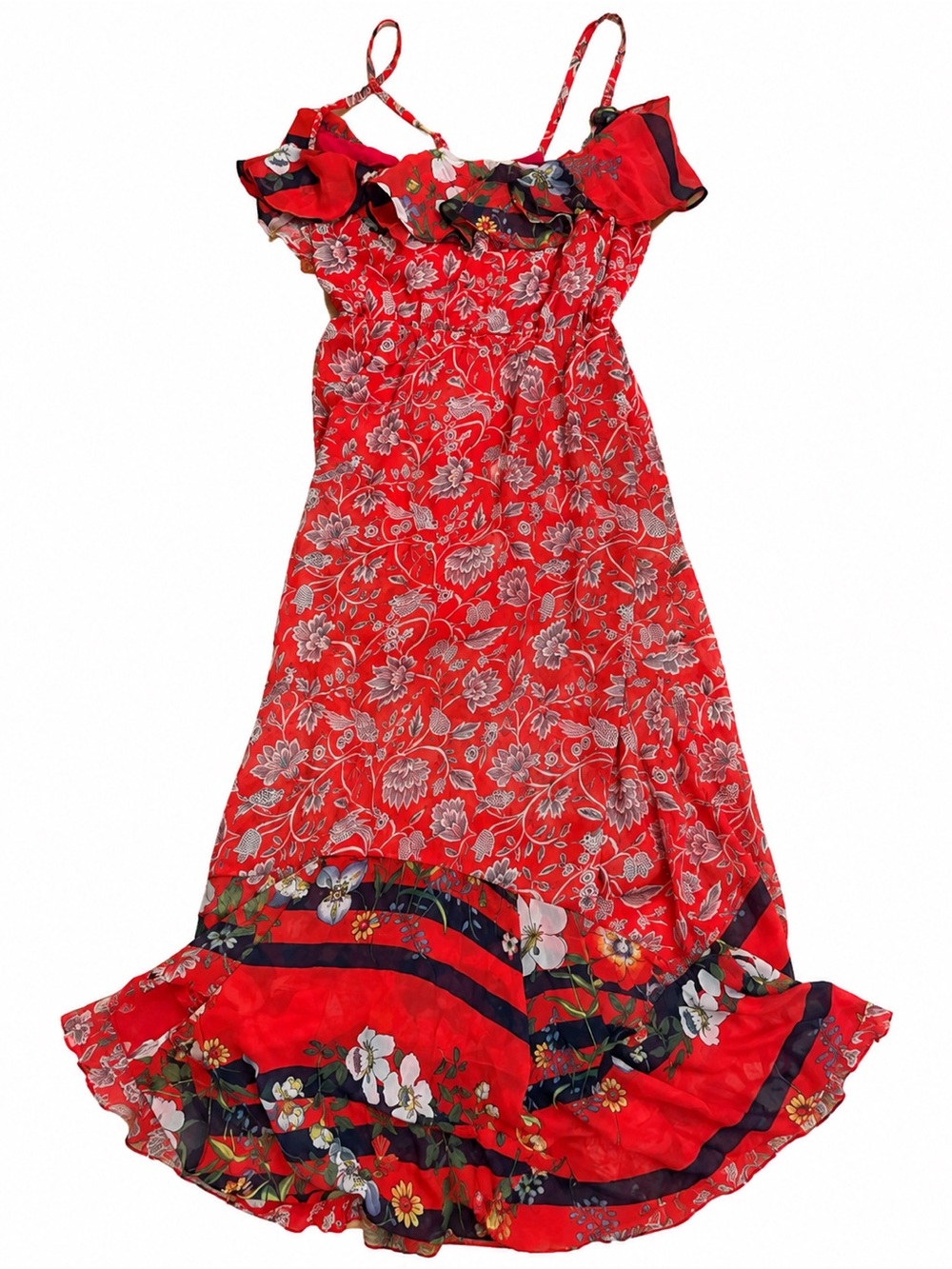 Women's Red Floral Ruffle Midi Dress with Spaghetti Straps